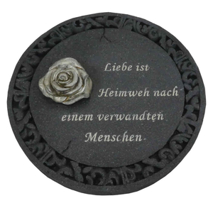 Gedenkplatte rund anthrazit Motiv Rose aufgesetzt mit Text Liebe ... 19,5 cm Grabschmuck