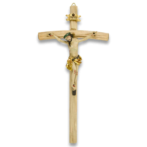 Wandkreuz / Kruzifix Holz natur mit coloriertem Christuskörper Balken gebogen 24,5 cm