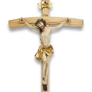 Wandkreuz / Kruzifix Holz natur mit coloriertem Christuskörper Balken gebogen 35 cm
