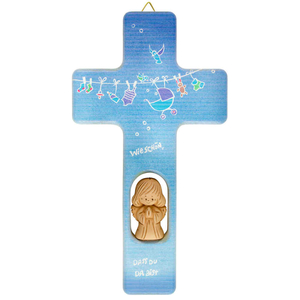 Kinderkreuz blau wie schn dass du da bist - Schutzengel - Engel Ton 20 cm Geburt Taufe