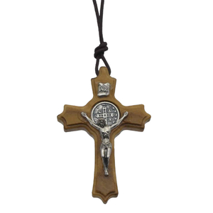 Halskette Benediktuskreuz Olivenholz mit Benediktusmedaille Metall 4,5 cm & Kordel braun