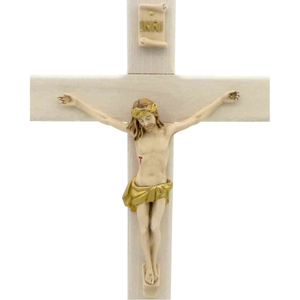 Wandkreuz / Kruzifix Holz hell mit coloriertem Christuskörper Balken gerade 23 cm