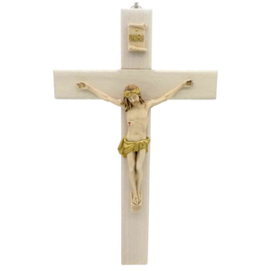 Wandkreuz / Kruzifix Holz hell mit coloriertem Christuskrper Balken gerade 27 cm