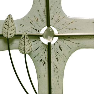 Glaskreuz weiß - gold Blätter - Kreuz Fusing Edelstahl / Bergkristall 37 x 22 cm Glaskunst Unikat