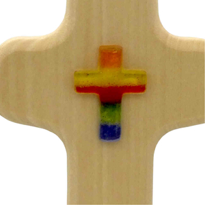 Kinderkreuz Holz hell Motiv Kreuz Glas Regenbogen 14,5 x 10 cm Taufkreuz Geburt Kommunion