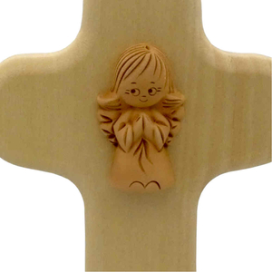 Kinderkreuz Holz natur mit Keramikengel Schutzengel 14,5 x 10 cm Taufkreuz Geburt Kommunion