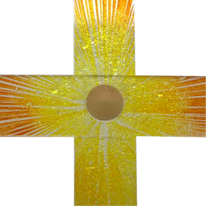 Glaskreuz gelb orange Sonne aufgehend Relief Echtgold Verzierung 40 cm Glaskunst Unikat