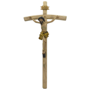 Wandkreuz / Kruzifix Holz natur mit coloriertem Christuskörper Balken gebogen 55 cm