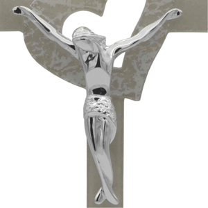 Glaskreuz mit Herz beige Silberglitzer & Metallkorpus glänzend silber modern Handarbeit 21 cm Wandkreuz