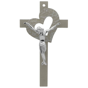 Glaskreuz mit Herz beige Silberglitzer & Metallkorpus glänzend silber modern Handarbeit 26 cm Wandkreuz