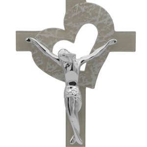 Glaskreuz mit Herz beige Silberglitzer & Metallkorpus glänzend silber modern Handarbeit 26 cm Wandkreuz
