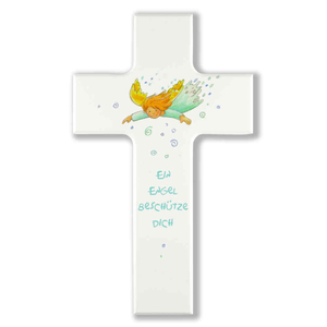 Kinderkreuz Ein Engel beschütze Dich - Motiv fliegender Schutzengel Holz weiß lackiert 15 x 9 cm