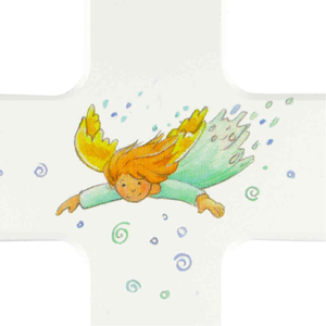 Kinderkreuz Ein Engel beschütze Dich - Motiv fliegender Schutzengel Holz weiß lackiert 15 x 9 cm