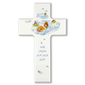 Kinderkreuz Wir geben auf dich acht - Schutzengel auf Wolke weiß lackiert 15 x 9 cm