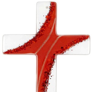 Glaskreuz weiß / rot modern Fusingglas Handarbeit  20 x 13 x 3 cm Wandkreuz Unikat