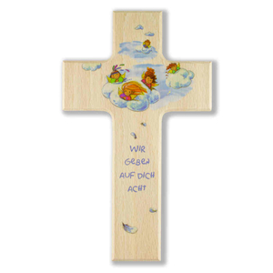 Kinderkreuz Wir geben auf dich acht - Schutzengel auf Wolke Holz natur 15 x 9 cm