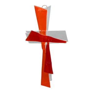Glaskreuz transparent orange rot modern geschwungen Handarbeit 30 cm Schmuckkreuz Unikat
