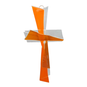 Glaskreuz transparent orange  modern geschwungen Handarbeit 30 cm Schmuckkreuz Unikat