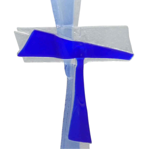 Glaskreuz modern transparent / hellblau / dunkelblau 30 cm Schmuckkreuz Handarbeit