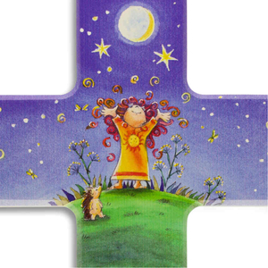 Kinderkreuz Motiv Kind Igel Sternenhimmel Holz bunt bedruckt 20 x 12 cm Taufe Kommunion