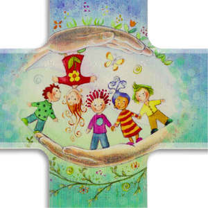 Kinderkreuz Kinder geborgen - beschützt in Gottes Hand Holz bunt 20 x 12 cm Taufe Kommunion
