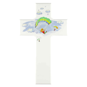 Kinderkreuz Motiv Kinder mit Gleitschirm bunt Holz weiß 20 x 12 cm Taufe Kommunion