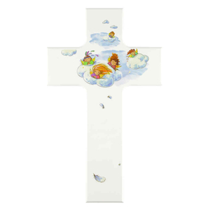 Kinderkreuz Motiv Engel Schutzengel auf Wolke Holz weiß 20 x 12 cm Taufe Kommunion