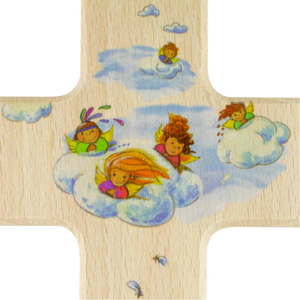 Kinderkreuz Motiv Engel Schutzengel auf Wolke Holz natur 20 x 12 cm Taufe Kommunion