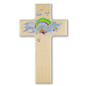 Kinderkreuz Motiv Kinder mit Gleitschirm bunt Holz natur 20 x 12 cm Taufe Kommunion