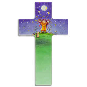 Kinderkreuz Motiv Kind Igel Sternenhimmel Holz bunt bedruckt 15 x 9 cm Taufe Kommunion