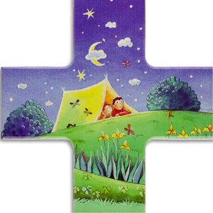Kinderkreuz Motiv Kinder Zelt Sternenhimmel Holz bunt bedruckt 15 x 9 cm Taufe Kommunion