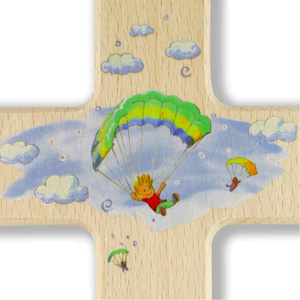 Kinderkreuz Motiv Kinder mit Gleitschirm bunt Holz natur 15 x 9 cm Taufe Kommunion