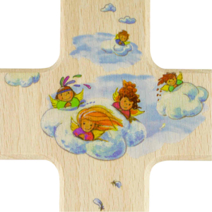 Kinderkreuz Wir geben auf dich acht - Schutzengel auf Wolke natur lackiert 20 x 12 cm