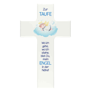 Taufkreuz - Kinderkreuz zur Taufe Schutzengel blau auf Wolke Holz weiß lackiert 15 x 9 cm Junge