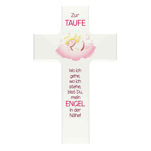 Taufkreuz - Kinderkreuz zur Taufe Schutzengel rosa auf Wolke Holz weiß lackiert 15 x 9 cm Mädchen