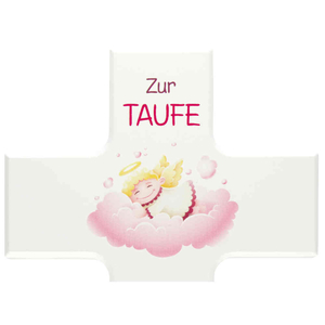 Taufkreuz - Kinderkreuz zur Taufe Schutzengel rosa auf Wolke Holz weiß lackiert 15 x 9 cm Mädchen