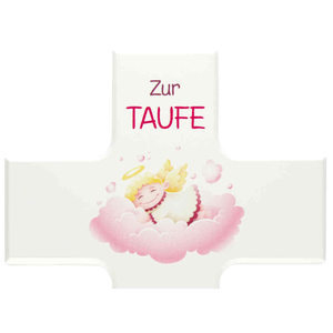 Taufkreuz - Kinderkreuz zur Taufe Schutzengel rosa auf Wolke Holz wei lackiert 20 x 12 cm Mdchen