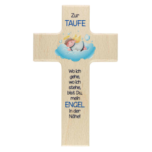 Taufkreuz - Kinderkreuz zur Taufe Schutzengel blau auf Wolke Holz natur 15 x 9 cm Junge