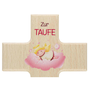 Taufkreuz - Kinderkreuz zur Taufe Schutzengel rosa auf Wolke Holz naturfarben 15 x 9 cm Mdchen