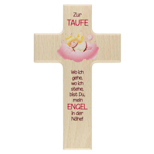 Taufkreuz - Kinderkreuz zur Taufe Schutzengel rosa auf Wolke Holz naturfarben 20 x 12 cm Mädchen