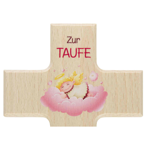 Taufkreuz - Kinderkreuz zur Taufe Schutzengel rosa auf Wolke Holz naturfarben 20 x 12 cm Mädchen