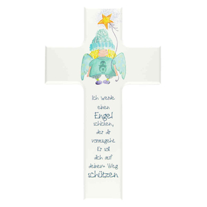 Kinderkreuz Ich werde einen Engel schicken - Motiv Engel mit Stern Holz weiß lackiert 20 x 12 cm