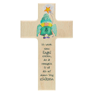 Kinderkreuz Ich werde einen Engel schicken - Motiv Engel mit Stern Holz natur 15 x 9 cm