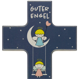 Kinderkreuz Guter Engel - Engel blau auf Mond - Engel rosa auf Schaukel Holz blau 15 x 9 cm
