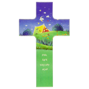 Kinderkreuz Feel safe day and night - Kinder im Zelt unterm Sternenhimmel Holz bunt 15 x 9 cm