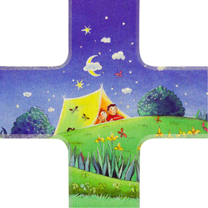 Kinderkreuz Feel safe day and night - Kinder im Zelt unterm Sternenhimmel Holz bunt 15 x 9 cm