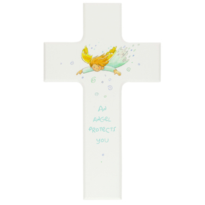 Kinderkreuz &bdquo;An angel protects you&ldquo; - Motiv fliegender Schutzengel Holz weiß lackiert 15 x 9 cm