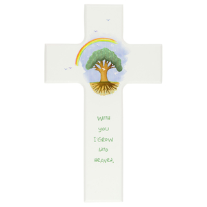 Kinderkreuz &bdquo;With you I grow into heaven&ldquo; - bunter Regenbogen / Baum Holz wei lackiert15 x 9 cm