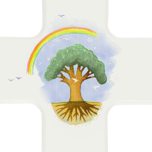 Kinderkreuz &bdquo;With you I grow into heaven&ldquo; - bunter Regenbogen / Baum Holz wei lackiert15 x 9 cm