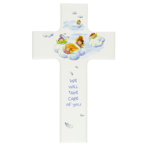 Kinderkreuz We will take care of you - Schutzengel auf Wolke weiß lackiert 15 x 9 cm